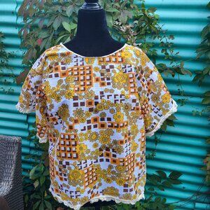 Refashioned Vintage Top (M/L) brown and orange 70's fashion pattern